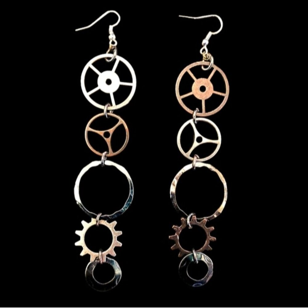 Handmade Steampunk Goth Dangly Gears Drop Earrings